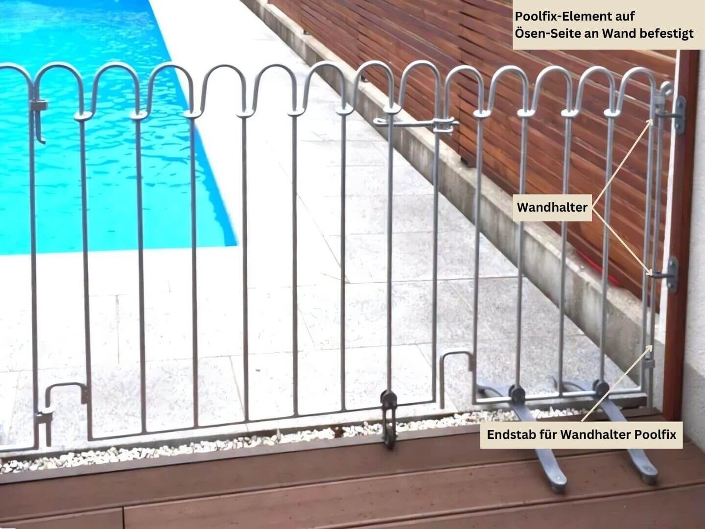 Wandhalter fuer Stellzaun Poolfix mit Endstab montiert Wandhalter fuer Stellzaun Poolfix mit Endstab montiert