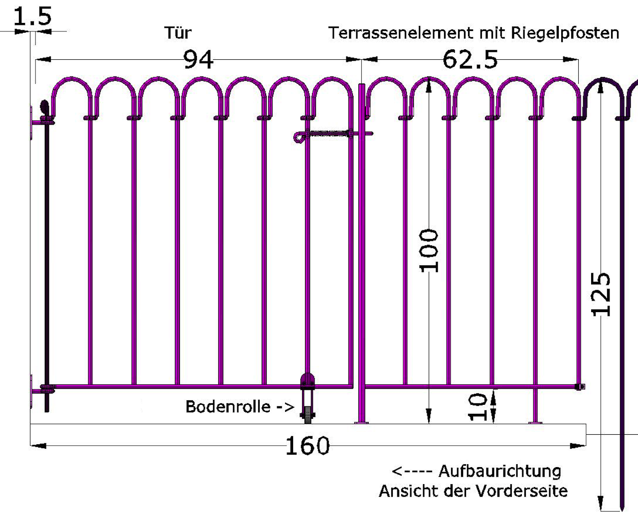 Datenblatt Tür an der Wand montiert mit Wandhaltern und Riegelseite auf Terrasenelement