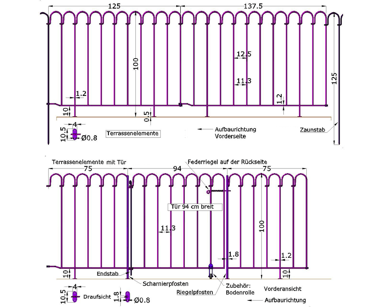 Datenblatt Terrassenelemente Höhe 100 cm und Tür zwischen 2 Terrassenelementen