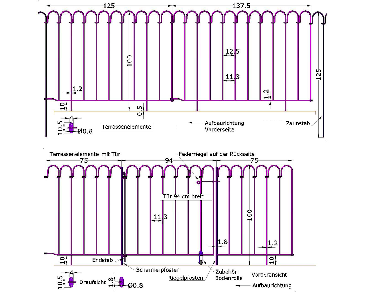 Terrassenelemente Datenblatt Terrassenelemente Höhe 100 cm und Tür zwischen 2 Terrassenelementen